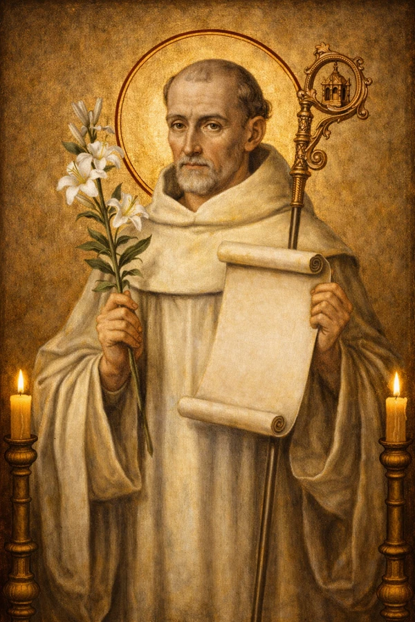 Saint Bernard of Clairvaux Byzantine icon, Cistercian mystic holding lilies in devotion and contemplative love of God