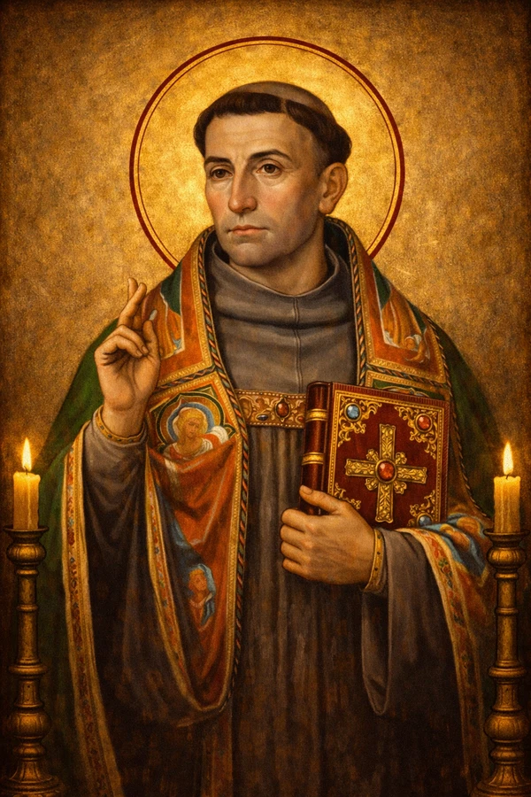 Saint Bonaventure Byzantine icon, Franciscan theologian holding book in meditation on divine illumination and the journey to God