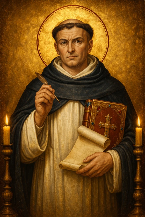 Saint Thomas Aquinas Byzantine icon, Dominican theologian and Doctor of the Church in contemplation of divine truth